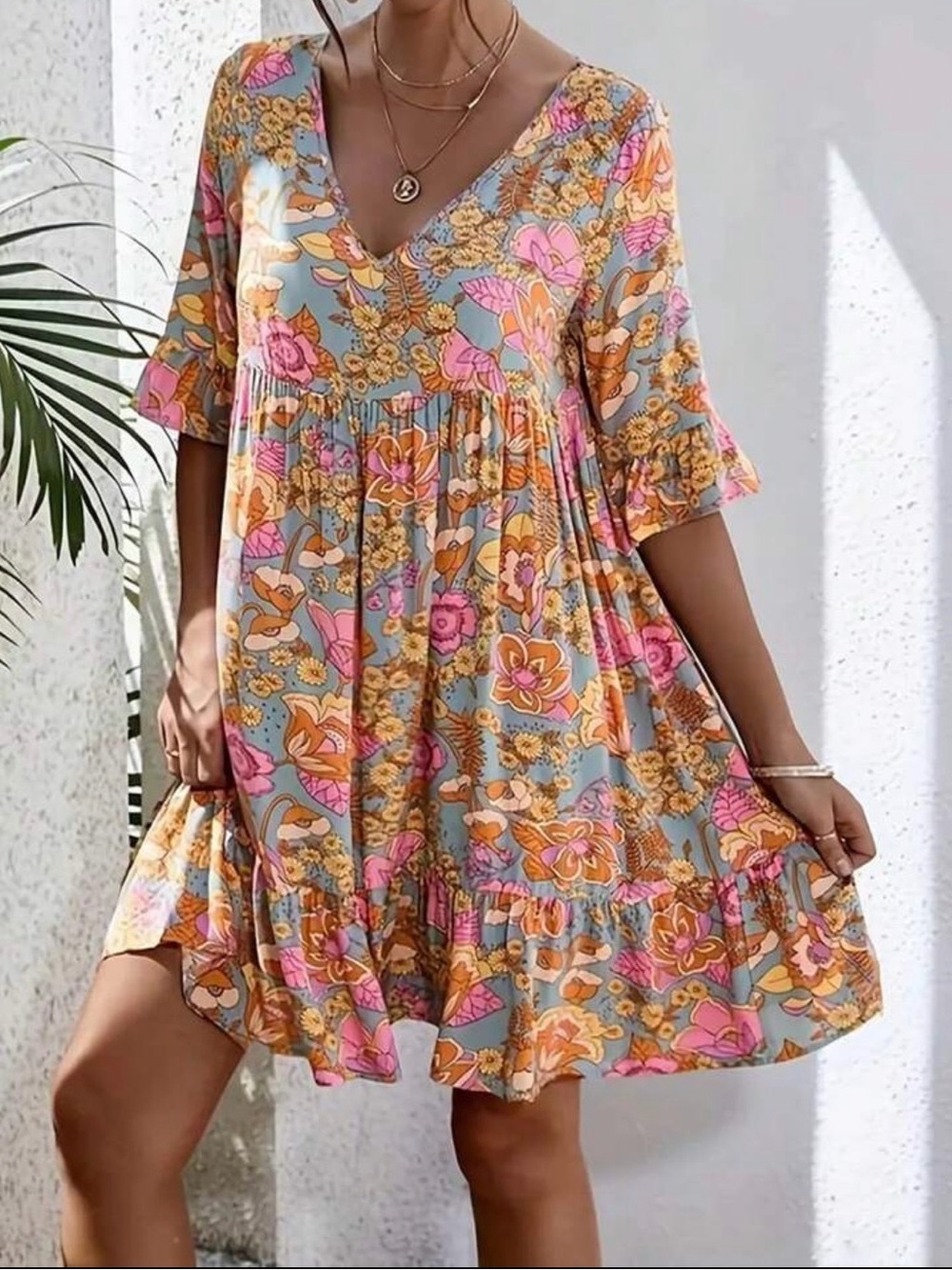 New….Floral V-Neck Babydoll Dress in Blue, Pink & Orange